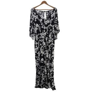 Lane Bryant Black Floral Jumpsuit Womens 22/24 Flowy Cropped Elastic Waist